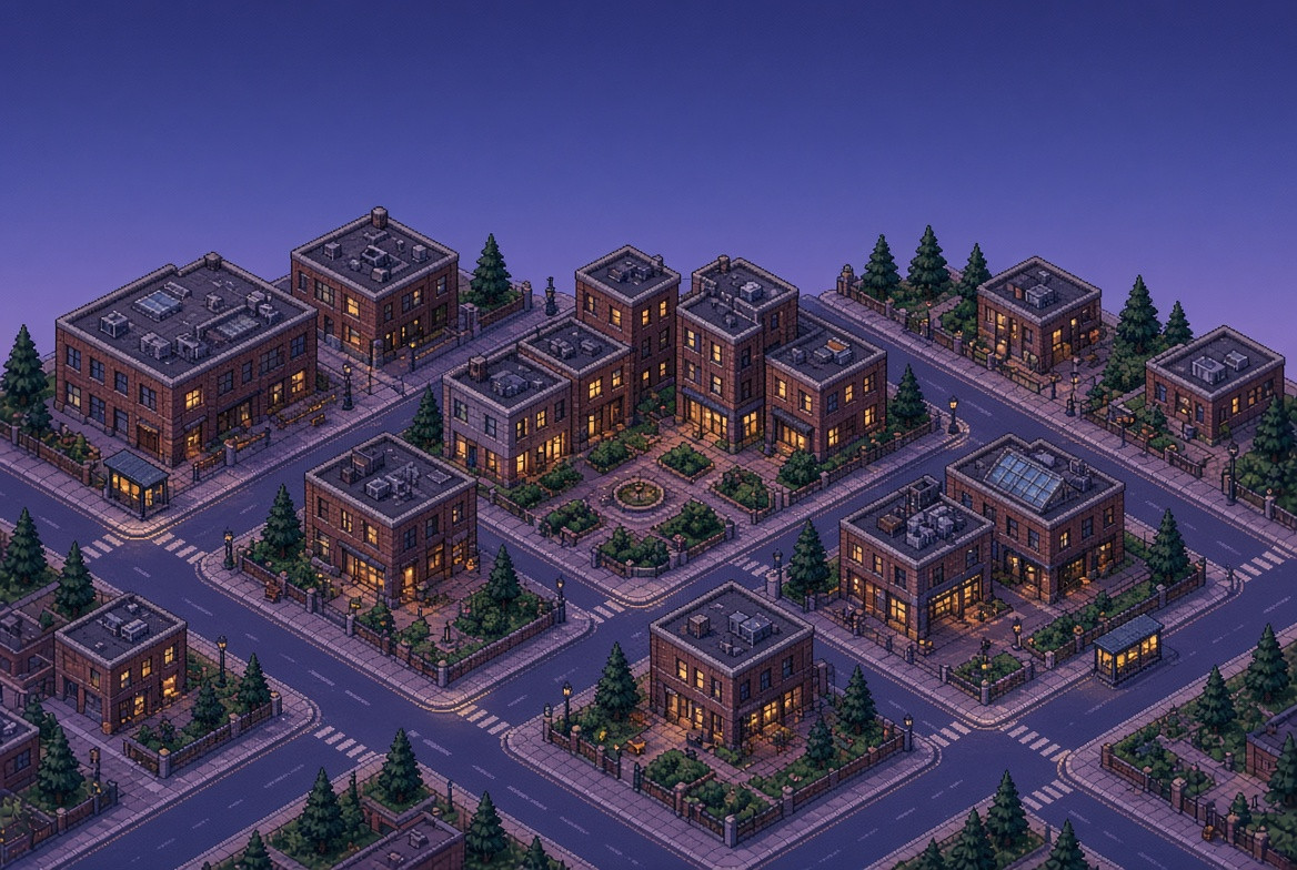 Pixel-art isometric neighborhood settling into blue-hour dusk