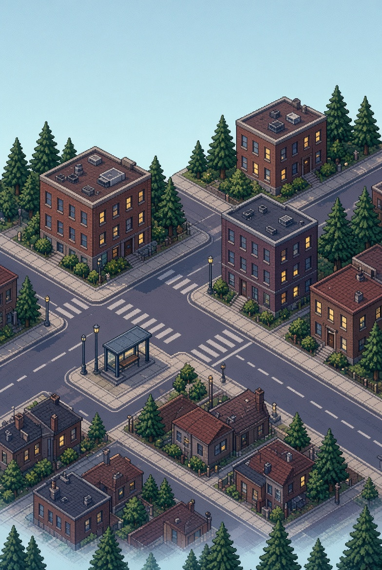 The same fictional neighborhood receiving a quiet apricot dawn