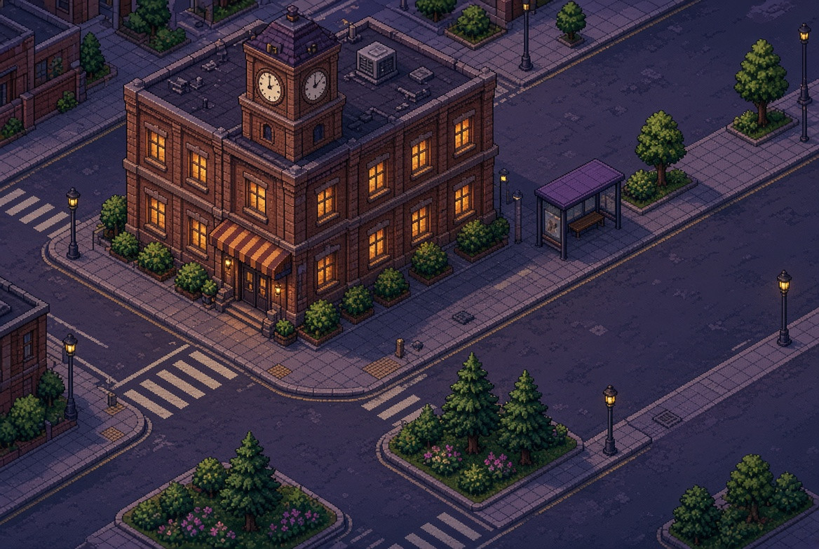 A fictional pixel-art clock arcade with many humane walking speeds