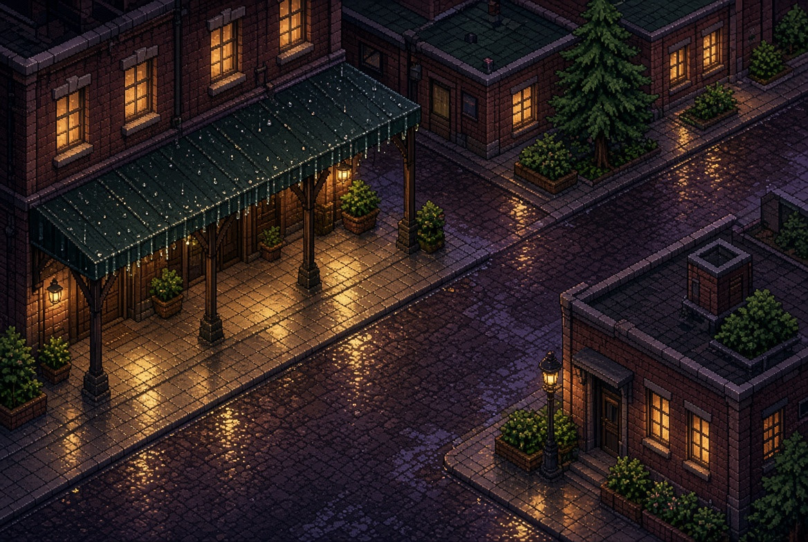 A covered arcade pause during pixel-art rain
