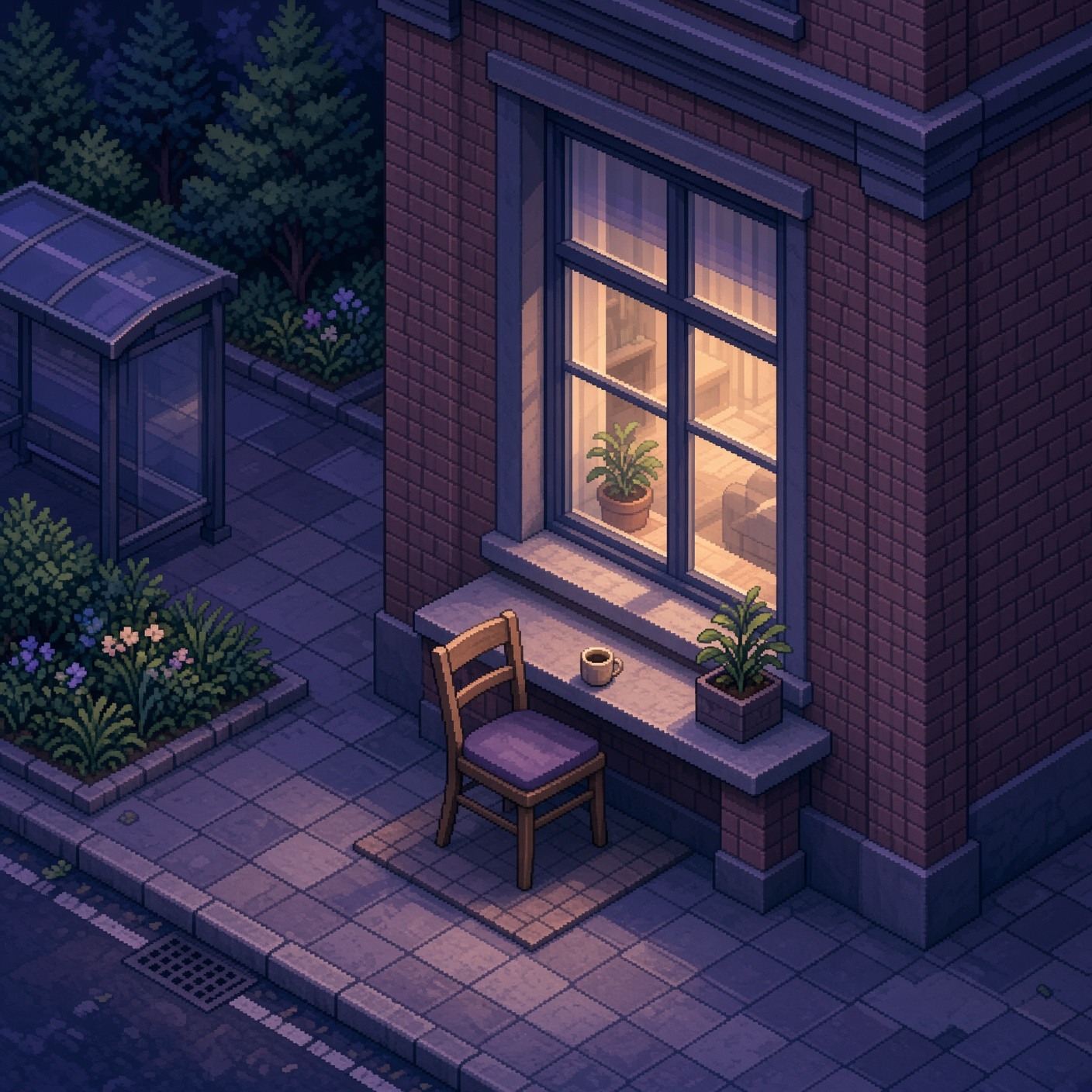 Warm pixel window beside a quiet arcade clock