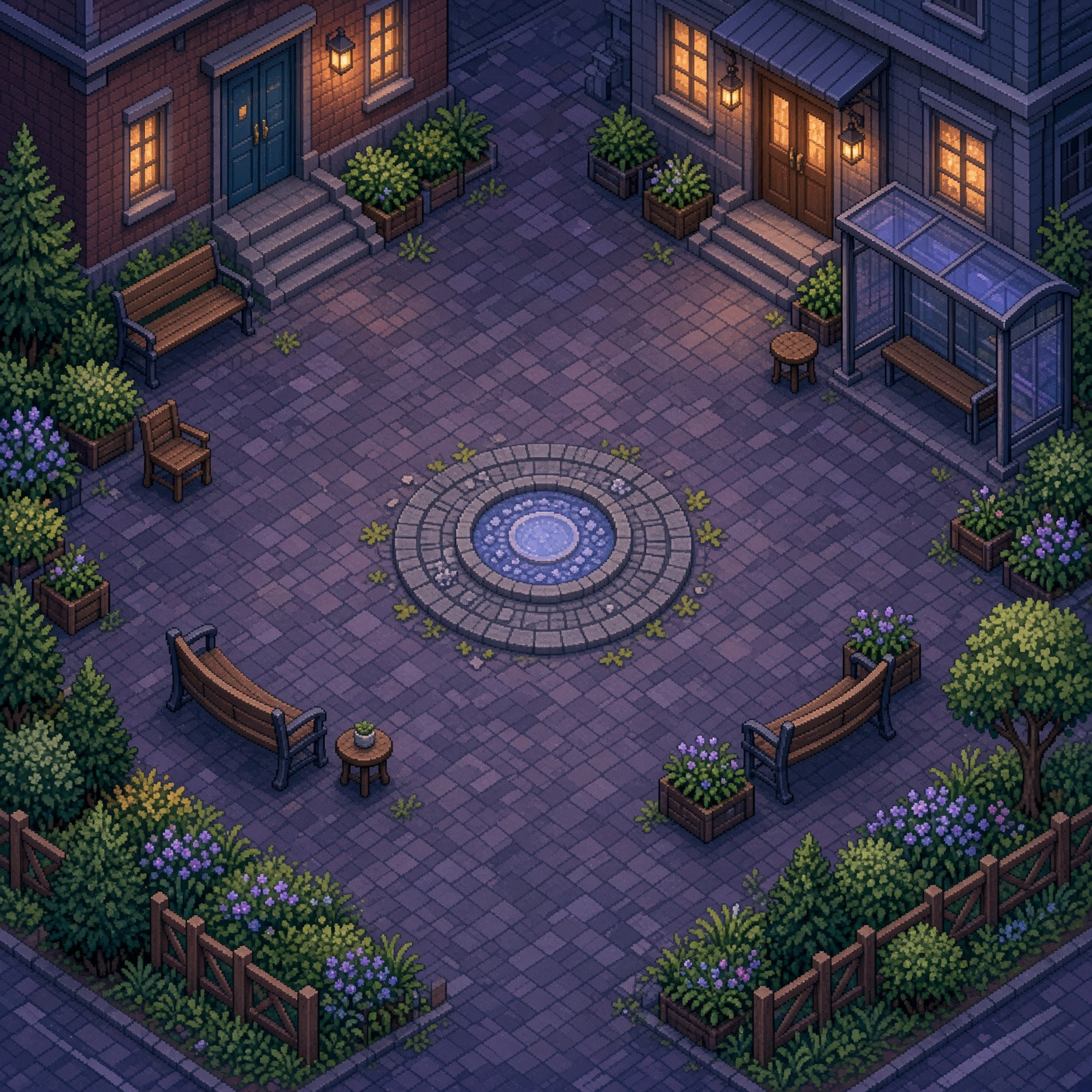 Wide pixel-art shared courtyard with many gentle entry points