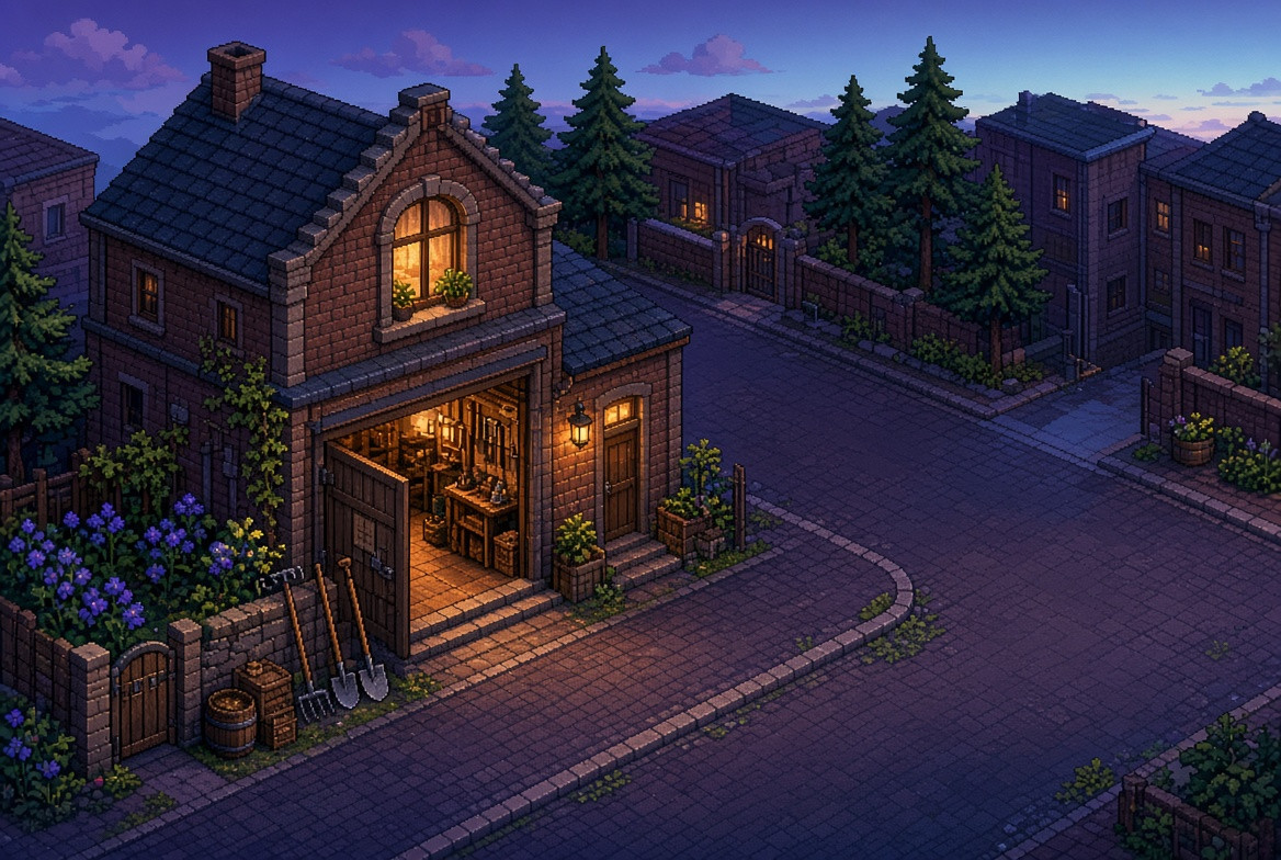 Fictional workshop yard with many scales of contribution