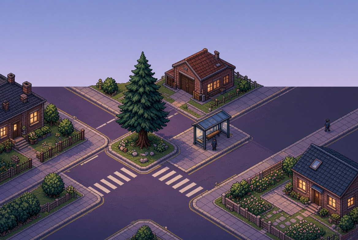 Five warm pixel windows forming a modest constellation across the neighborhood