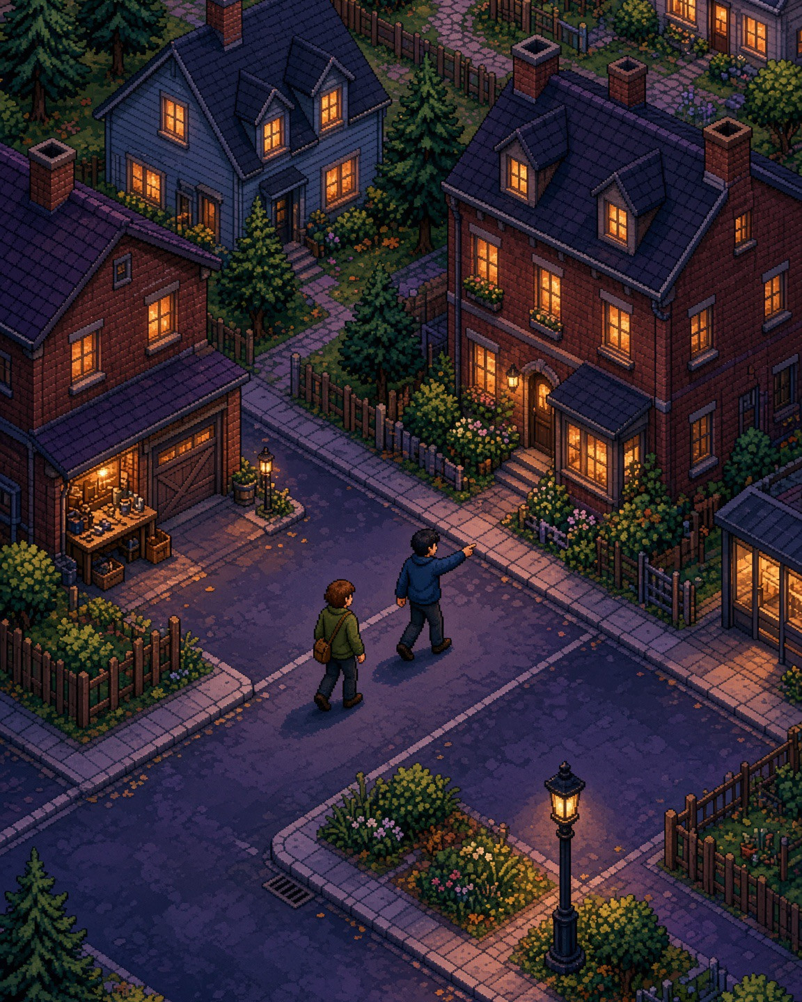 A wide fictional street shifting gently from dusk toward dawn