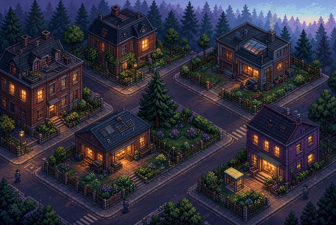 An open pixel-art street continuing beyond the illustrated neighborhood
